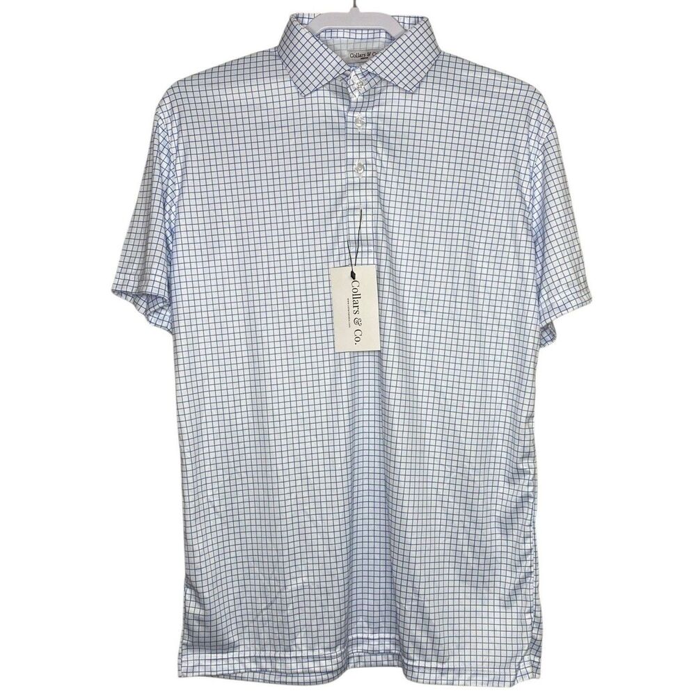 Collars & Co Polo Shirt Mens M Blue Thin Check Dress Collar Stretch Office NWT